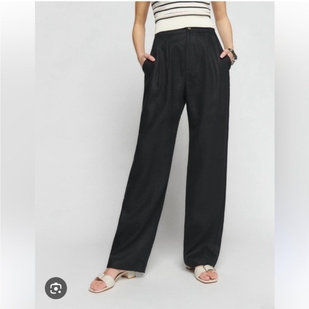 Reformation Mason Linen Pleated High Waist Wide Leg Trouser Pants in Black 0